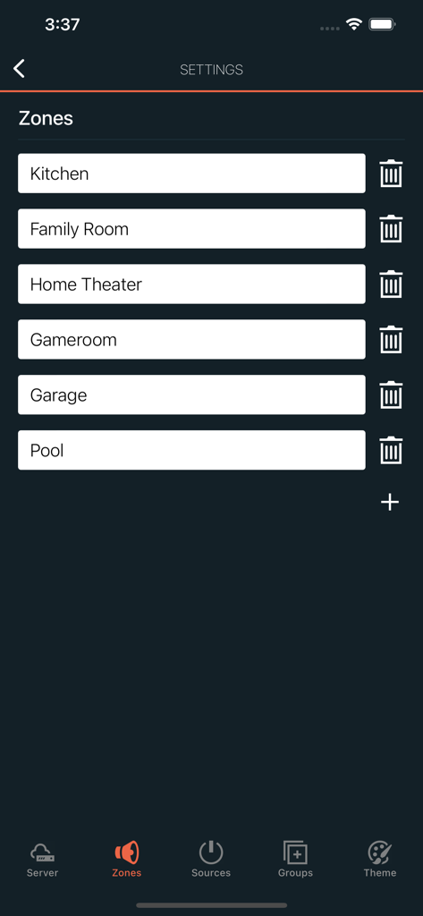 Monoprice Whole Home Audio - Settings screen in the Monoprice Whole Home Audio app showing a list of configured audio zones like Kitchen Family Room and Home Theater
