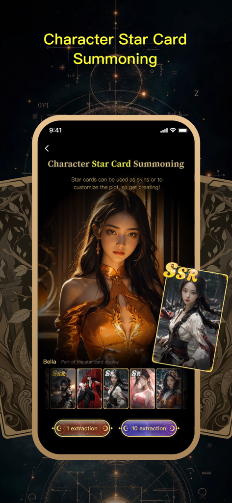 COSAI - AI Roleplay Chat - COSAI AI Roleplay Chat interface showing character star card summoning with AI anime character portraits and gacha extraction buttons.