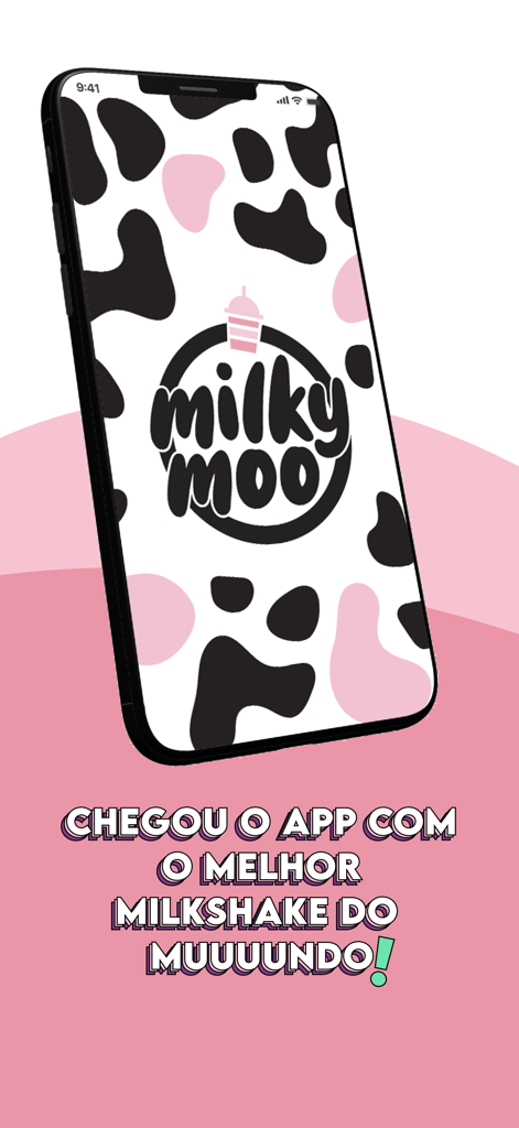 Milky Moo - Milky Moo app promotional screen featuring a cow print pattern and pink background on a smartphone
