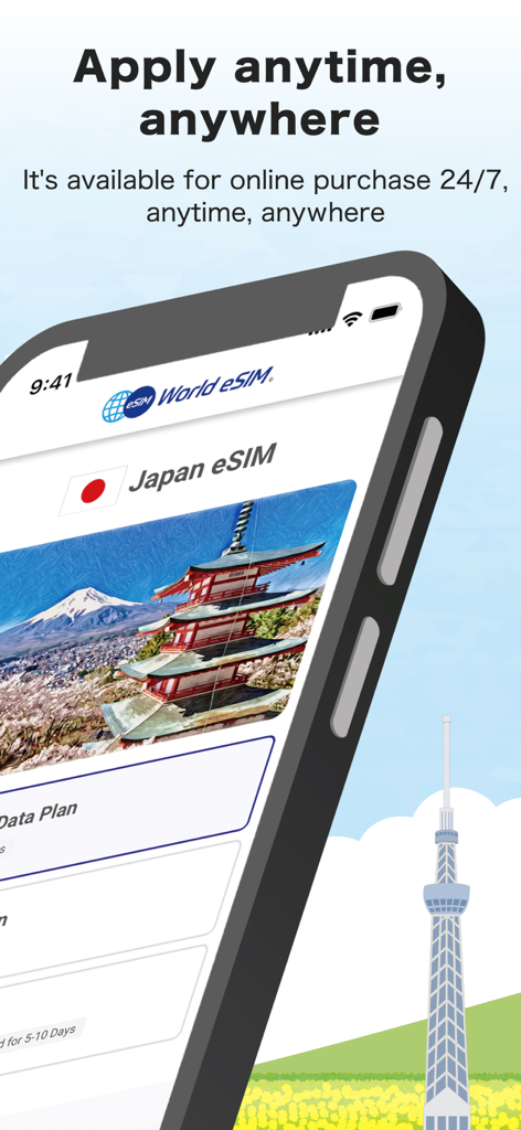 Oberfläche der World-eSIM App, die eine Option zum Kauf eines Japan-Datentarifs mit einem Bild des Fuji zeigt
