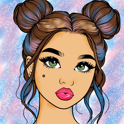 realistic girl with two buns on her hair and lips