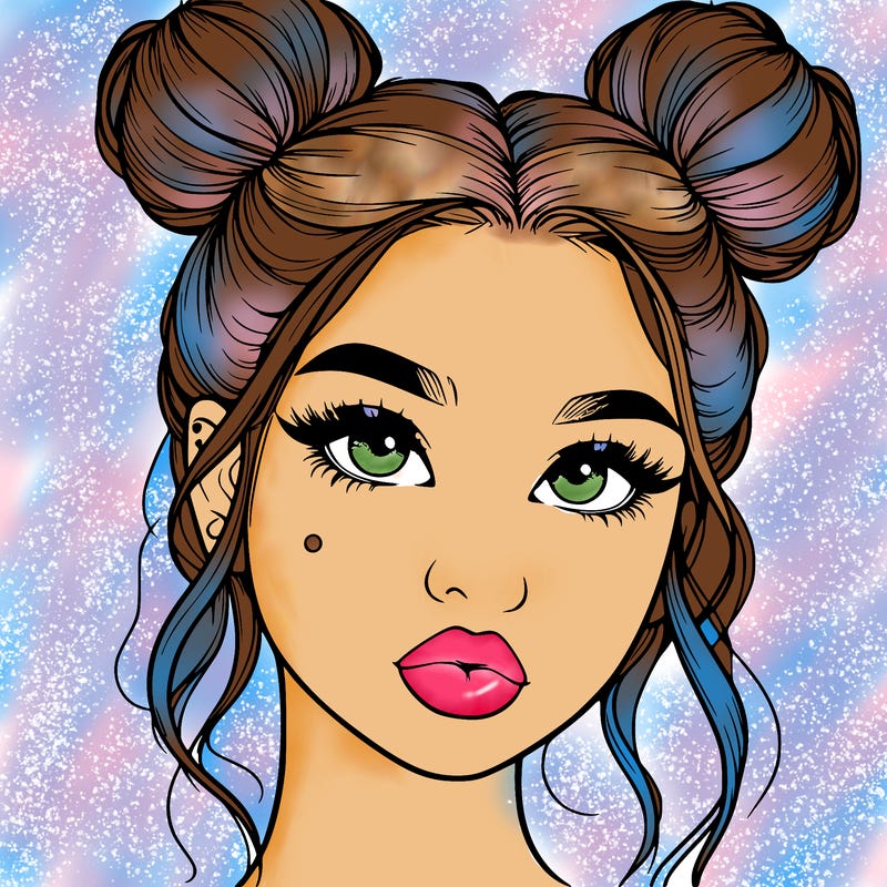 realistic girl with two buns on her hair and lips