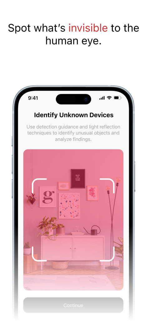 Pantalla de smartphone que muestra la aplicación Device Detect escaneando una habitación en busca de objetos ocultos.