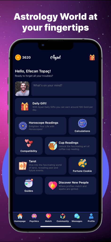 Interfaz principal de la aplicación Aysel mostrando características de horóscopo diario de tarot y lectura de tazas de café