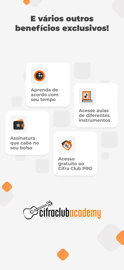 Cifra Club Academy - Features of Cifra Club Academy highlighting flexible learning, multi-instrument lessons, and Pro membership benefits.