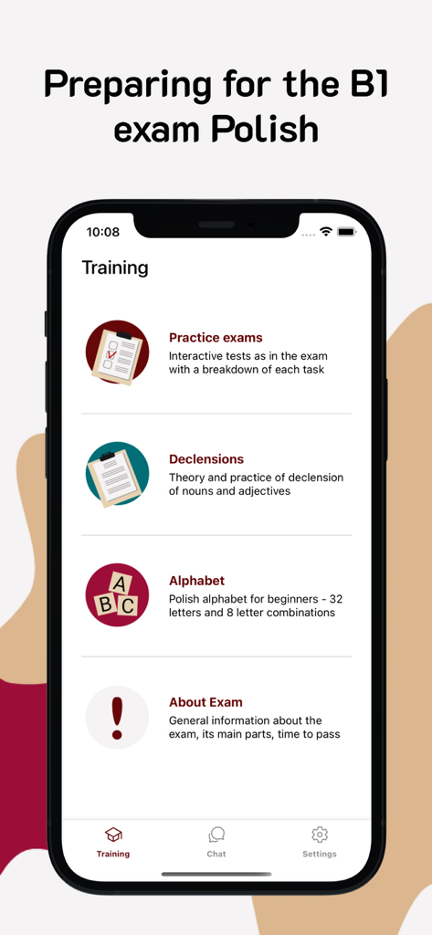 Training menu in the Learn Polish app showing sections for practice exams, declensions, and the Polish alphabet.