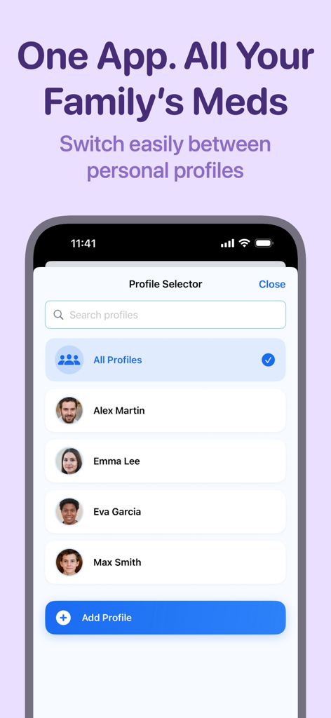Pillio Pill Reminder & Tracker - iPhone screenshot of Pillio app showing the profile selector with multiple family member profiles for tracking medications