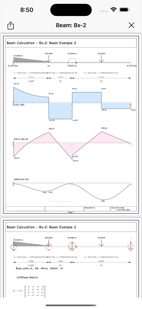 A detailed structural analysis report showing shear force diagrams, bending moments, and stiffness matrix calculations for a beam.