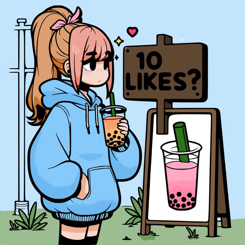 girl with oversized hoodie drinking boba and she has a high ponytail with a sign that says 10likes?