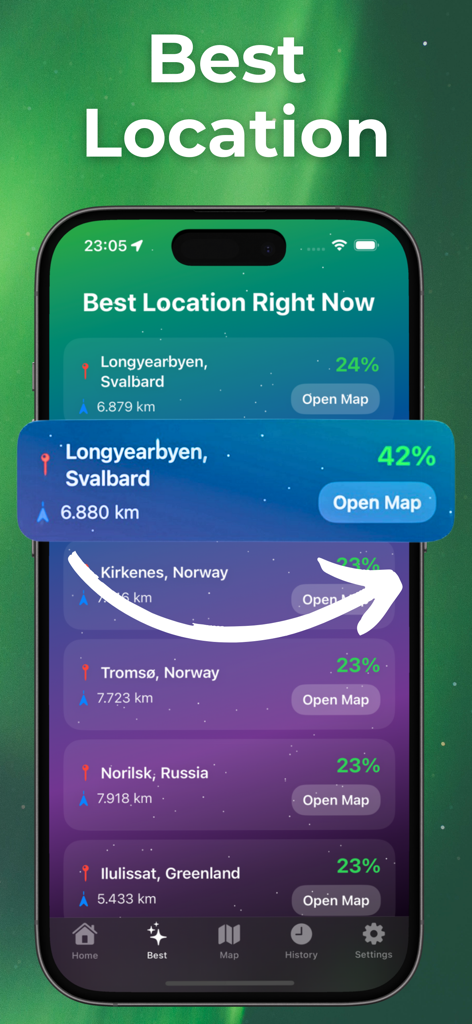 A mobile screen showing a list of the best locations for viewing the northern lights with their aurora probabilities.