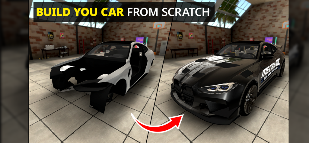 Pantalla dividida que muestra un chasis de coche y un coche deportivo negro completamente construido en un garaje