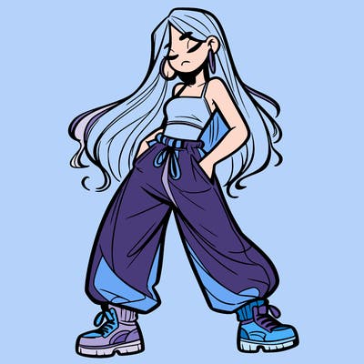 girl in baggy pants crop top and long hair