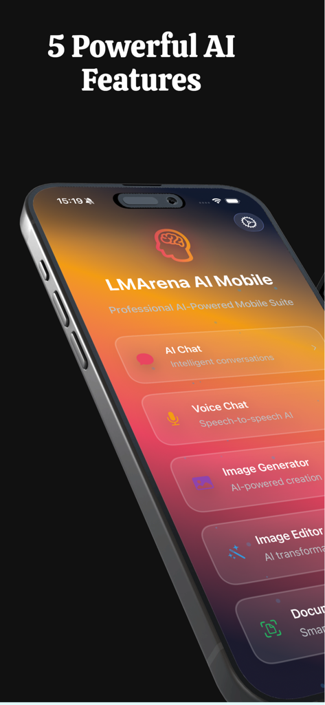 LMArena AI Mobile - Tela de smartphone mostrando o menu principal do LMArena AI Mobile com recursos de IA Chat e Voice Chat
