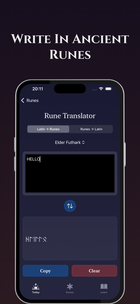 Norse Runes & Runic Formulas - A smartphone interface showing the rune translator feature converting the word hello into ancient Elder Futhark symbols.