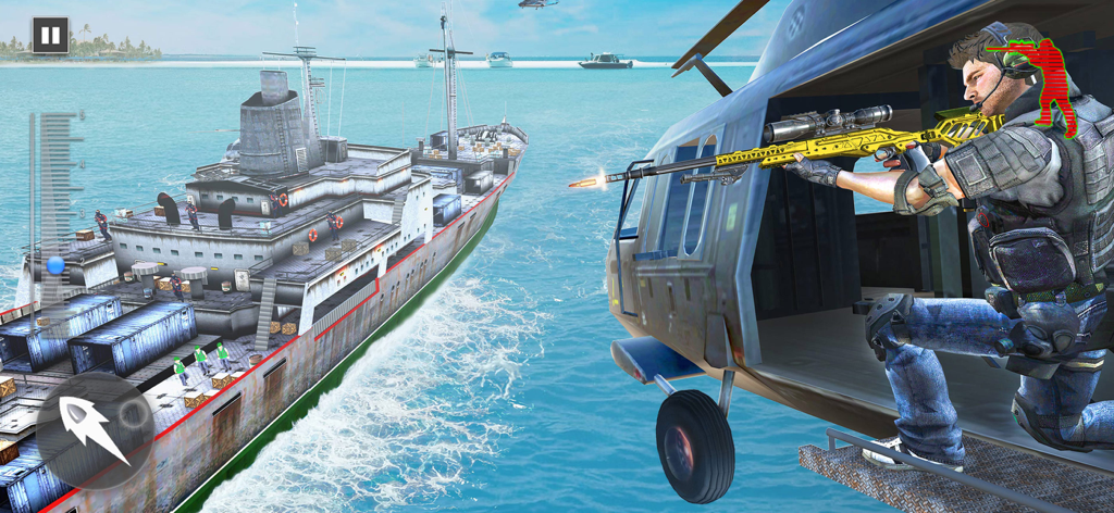 Sniper FPS: Gun Shooting Games - A sniper shooting a golden rifle from a helicopter at targets on a large ship in a 3D action game