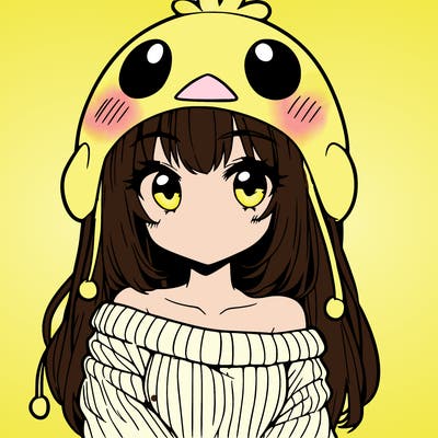 anime girl with chick shaped hat with sweater with bare shoulders with bangs covering them one eye with low tail