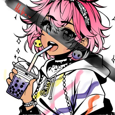 hot baddie anime girl drinking boba and biting the straw