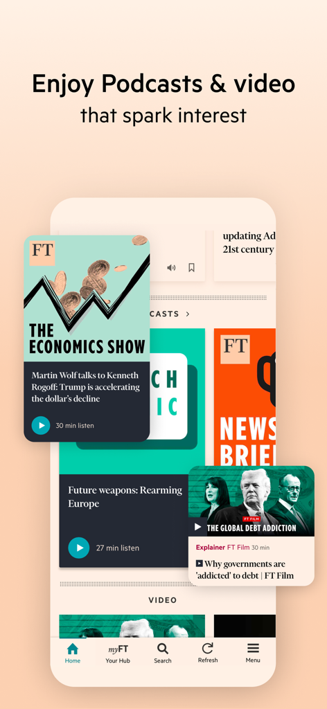Interface de l'application Financial Times montrant les options de podcasts et de vidéos d'affaires.
