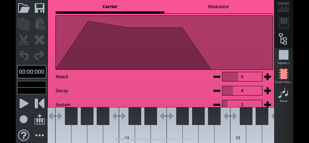 FamiStudio - FamiStudio chiptune instrument envelope editor interface showing attack and decay settings