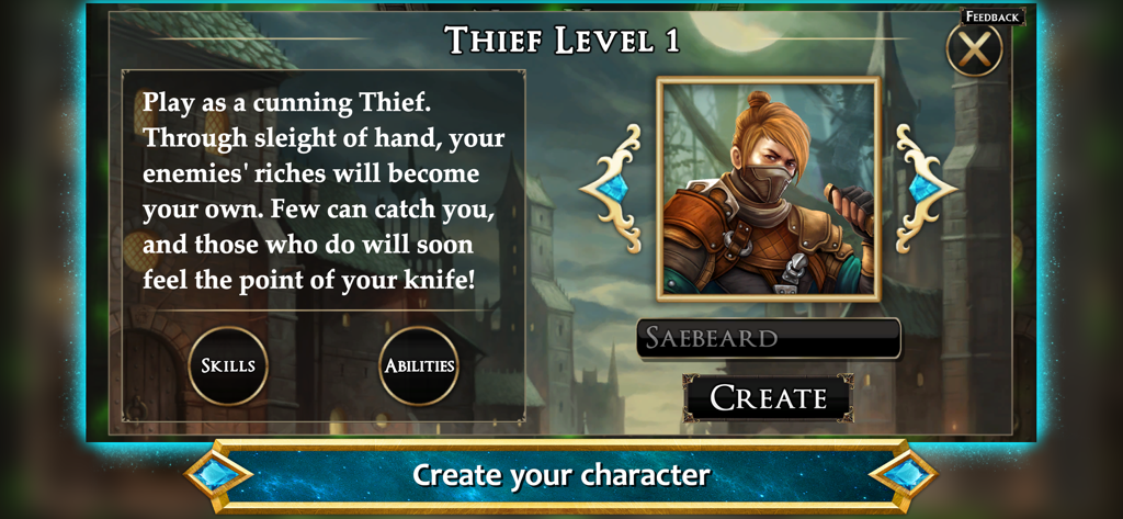 Character creation screen for the Thief class in Hero Realms