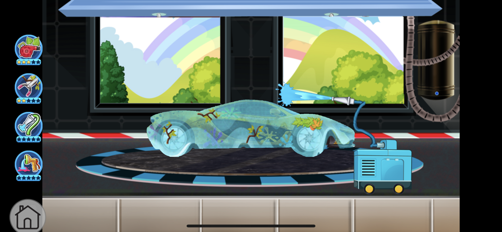 Car Wash Learning Unlocked - Um carro esportivo azul sujo sendo pulverizado com água em uma lavagem de carros virtual.