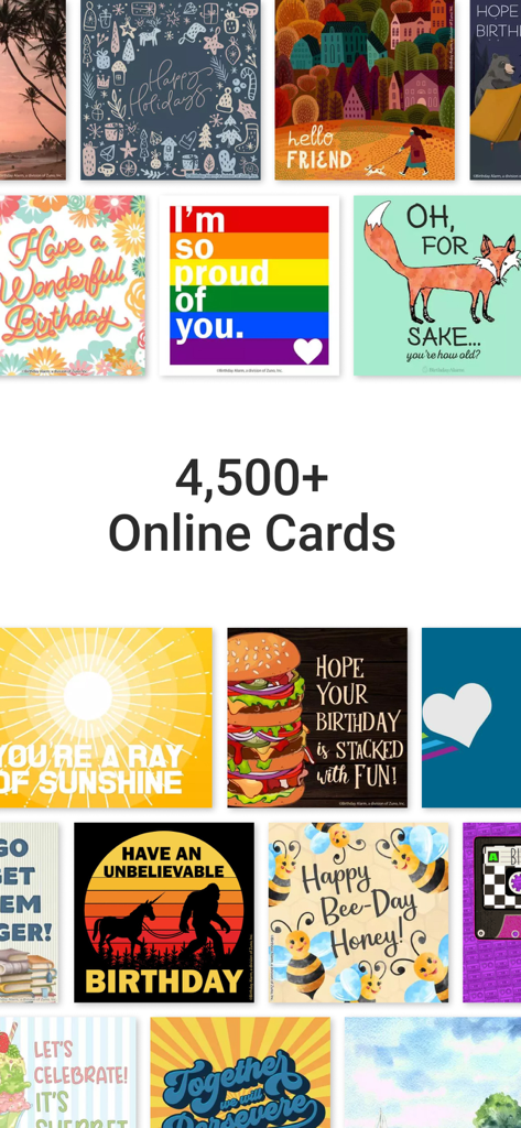 BirthdayAlarm: Reminders Cards - Collage of various digital greeting card designs for birthdays and holidays with text mentioning 4500 plus online cards