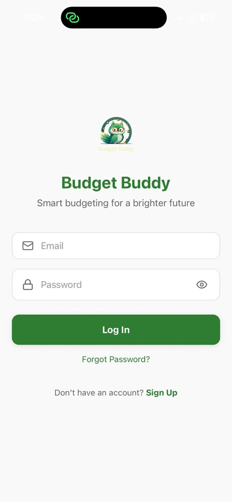 Budget Buddy: Save & Track - Budget Buddy app login screen with owl logo and email password fields
