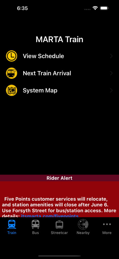 MARTA On the Go - The MARTA On the Go app interface showing the train navigation menu with options for schedules, real-time arrivals, and system maps.