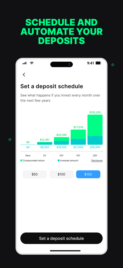 Interface of the Streetbeat app showing a tool to schedule automated deposits with a chart projecting investment growth over 20 years.