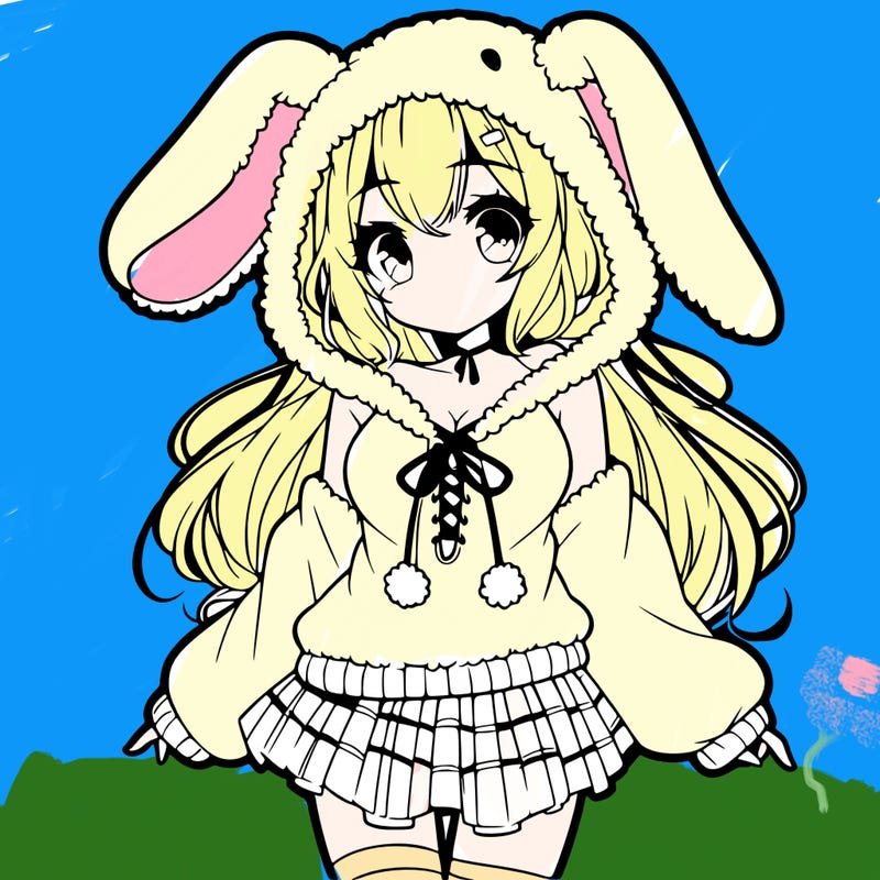 pretty anime girl wearing a fluffy hoodie with bunny ears on the hood and a skirt