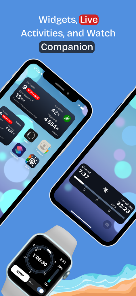 Screenshots of Sola app showing UV index widgets, live activities on iPhone, and Apple Watch companion interface