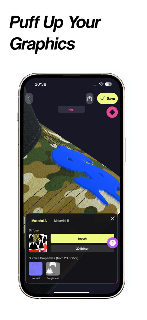 CBOs - A mobile app interface showing a 3D blue puff print graphic on camouflage fabric with material editing controls.