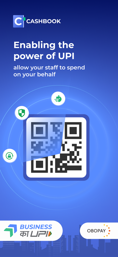 Werbegrafik mit der UPI-Zahlungsfunktion der CashBook-App für Personalausgaben mit einem QR-Code