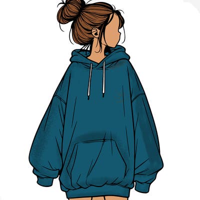 realistic girl with a oversized sweatshirt on and a bun