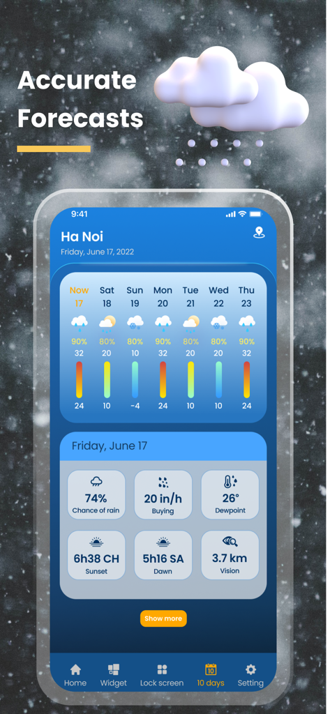 Weather Widget: Live Radar App - Screenshot of the Weather Widget app displaying a 7-day forecast and daily meteorological data