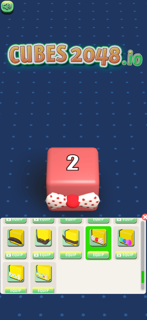 Cubes 2048.io - Pantalla del juego Cubes 2048.io mostrando un cubo rosa con un lazo y un menú de varios aspectos de cubo, incluidos bigotes y accesorios