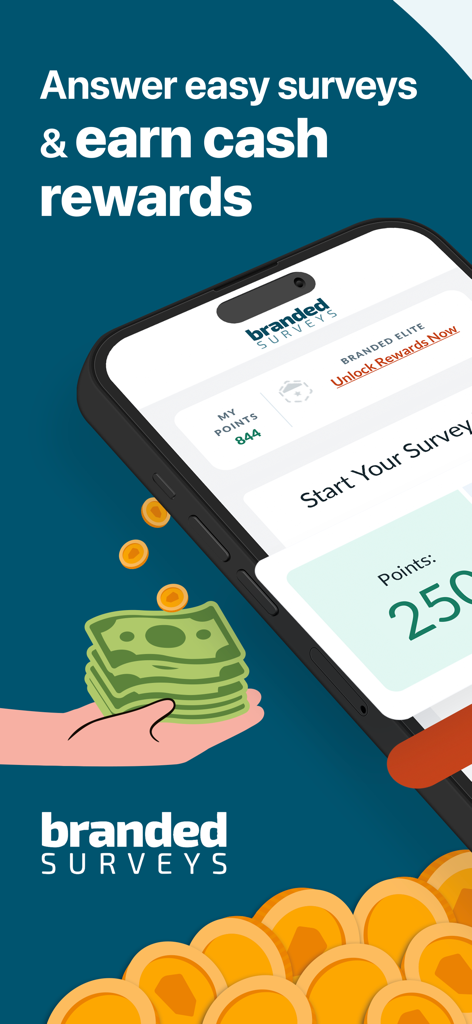 Branded Surveys: Paid rewards - Smartphone mit der Branded Surveys App-Oberfläche mit Bargeldprämien und Goldmünzen