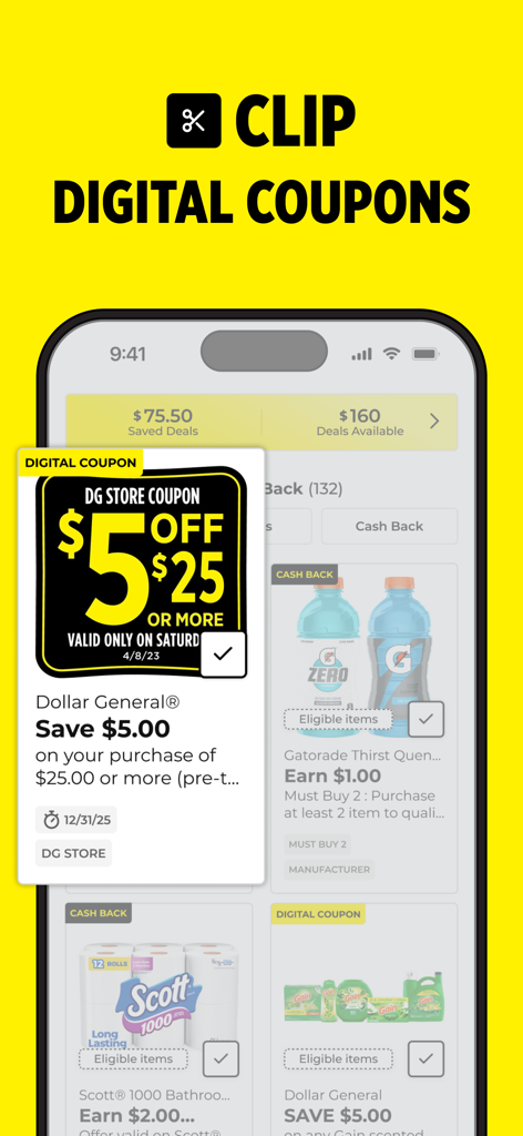 Dollar General mobile app interface displaying digital coupons and savings deals for grocery and household items