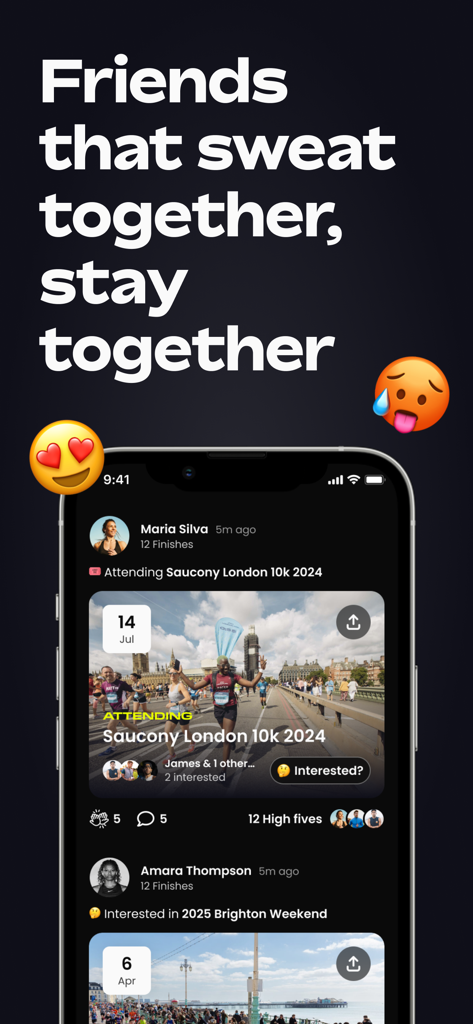 The Lets Do This app social feed showing friends attending running events and community interactions