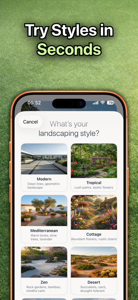 Scapes: AI Landscape Design - Pantalla móvil que muestra varios estilos de diseño de paisaje, incluyendo Tropical Moderno y Zen, en la aplicación Scapes AI