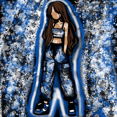 girl in baggy pants crop top and long hair