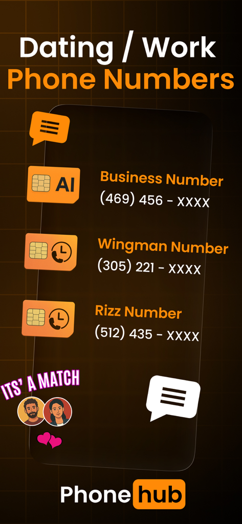 Temp Number - Temphone - Temphone App-Oberfläche mit Optionen für Business Wingman und Rizz Telefonnummern für berufliche und private Zwecke.