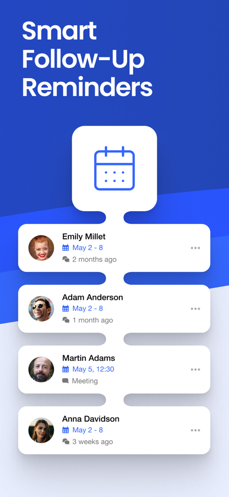 Covve CRM Manage your contacts - Eine Liste von professionellen Kontakten mit geplanten Erinnerungen für Nachfassaktionen in der Covve CRM-App