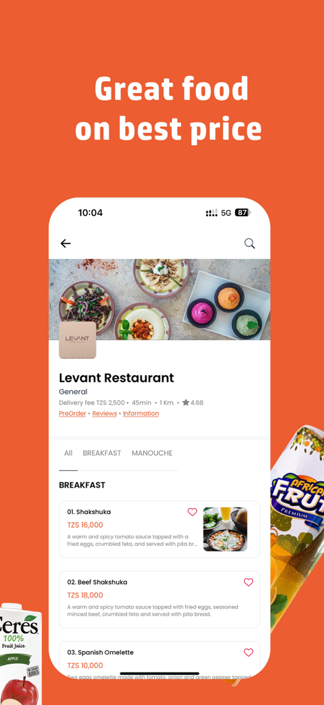 Piki: Food, Drinks & Groceries - Piki mobile app showing the Levant Restaurant menu with breakfast dishes like Shakshuka