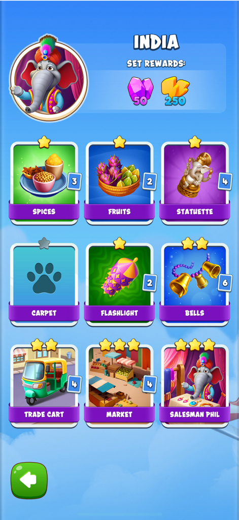 Colección de cartas con temática de la India en Animales y Monedas que muestra recompensas y cartas de personajes