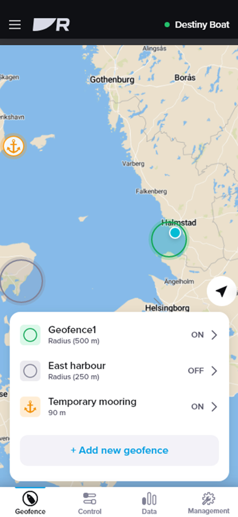 Raymarine - Écran de gestion de géorepérage de l'application Raymarine montrant les zones de sécurité du bateau sur une carte marine