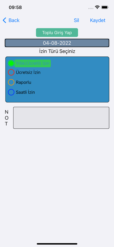 Mesailerim - Interface of the Mesailerim app for selecting and saving work leave types