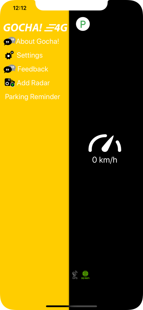 Gocha! - Gocha App-Oberfläche mit Tachometeranzeige und Navigationsmenü für Radareinstellungen.