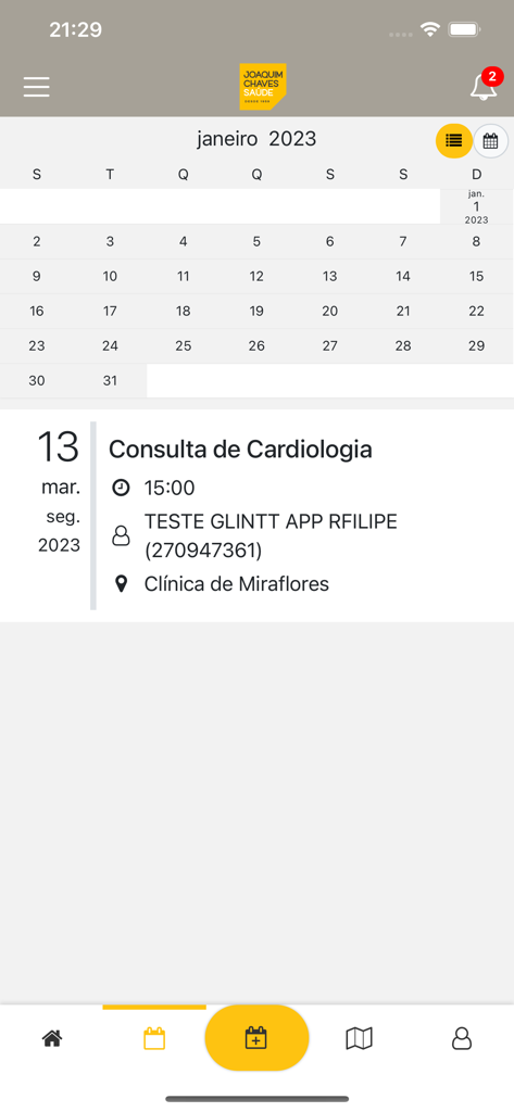 JCS - Joaquim Chaves Saúde - Screenshot da aplicação Joaquim Chaves Saude mostrando uma consulta de cardiologia e calendário.