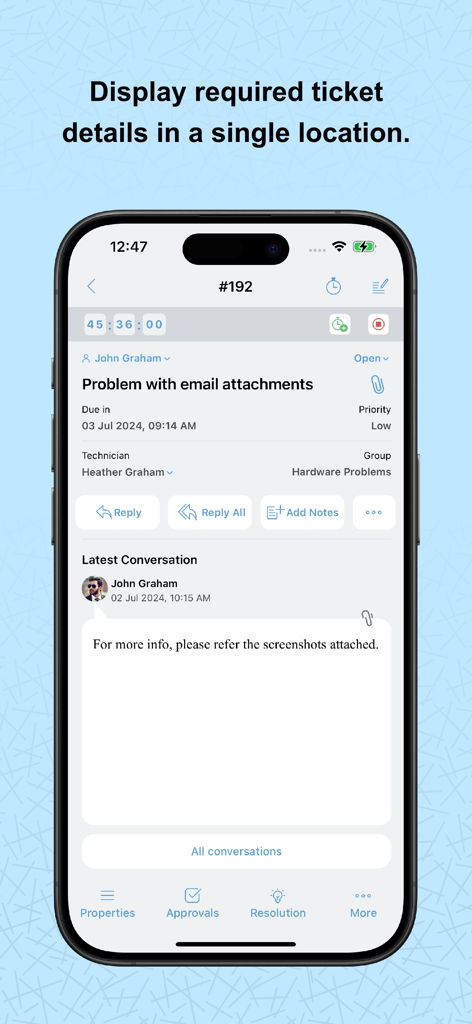 A mobile screen showing detailed information for an IT support ticket including priority, technician, and conversation history in the ServiceDesk Plus app.